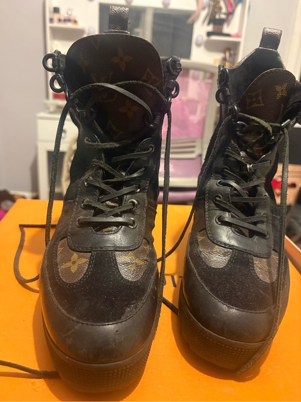 Louis Vuitton Black & Brown Monogram Platform Ankle Booties